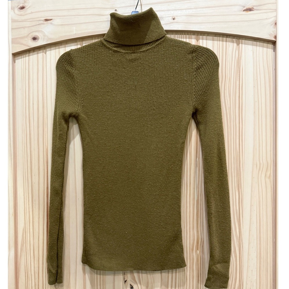 Uniqlo Women Olive Green 100% Wool Ribbed Turtleneck Sweater 453458 Slim Fit